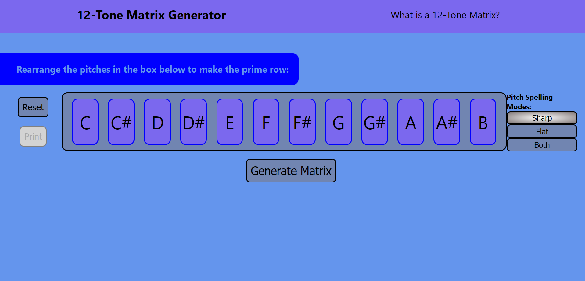 12-tone matrix generator screenshot.