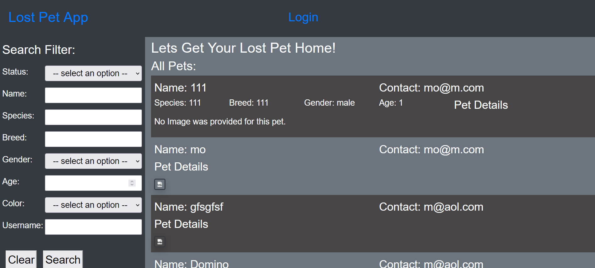 Lost pet app website screenshot.